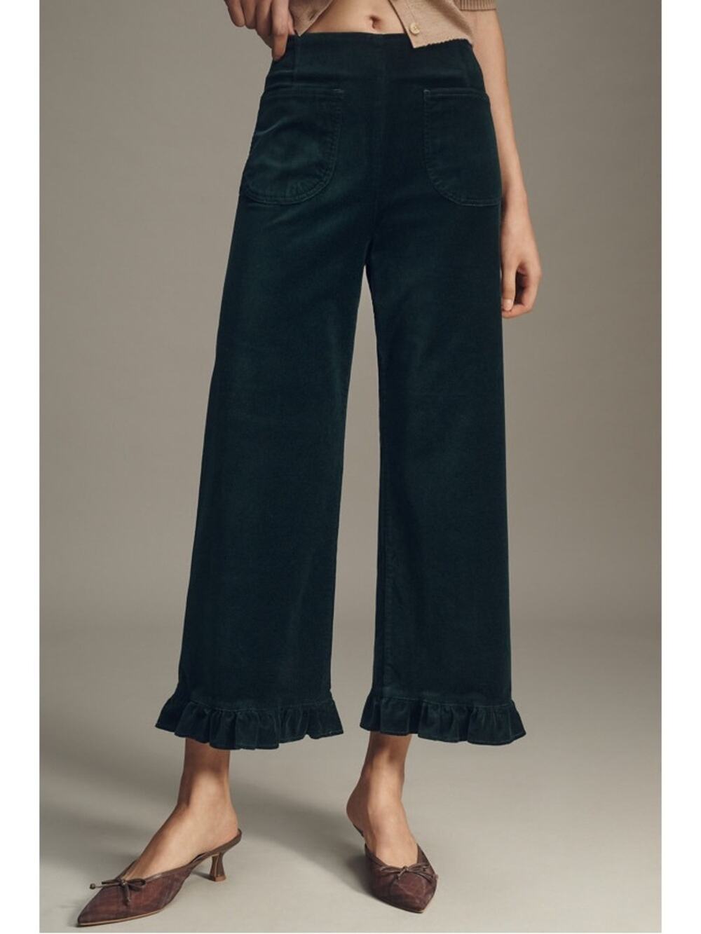 Anthropologie Maeve The Colette Crop Velvet Ruffle-Hem Pants in Green Size 29